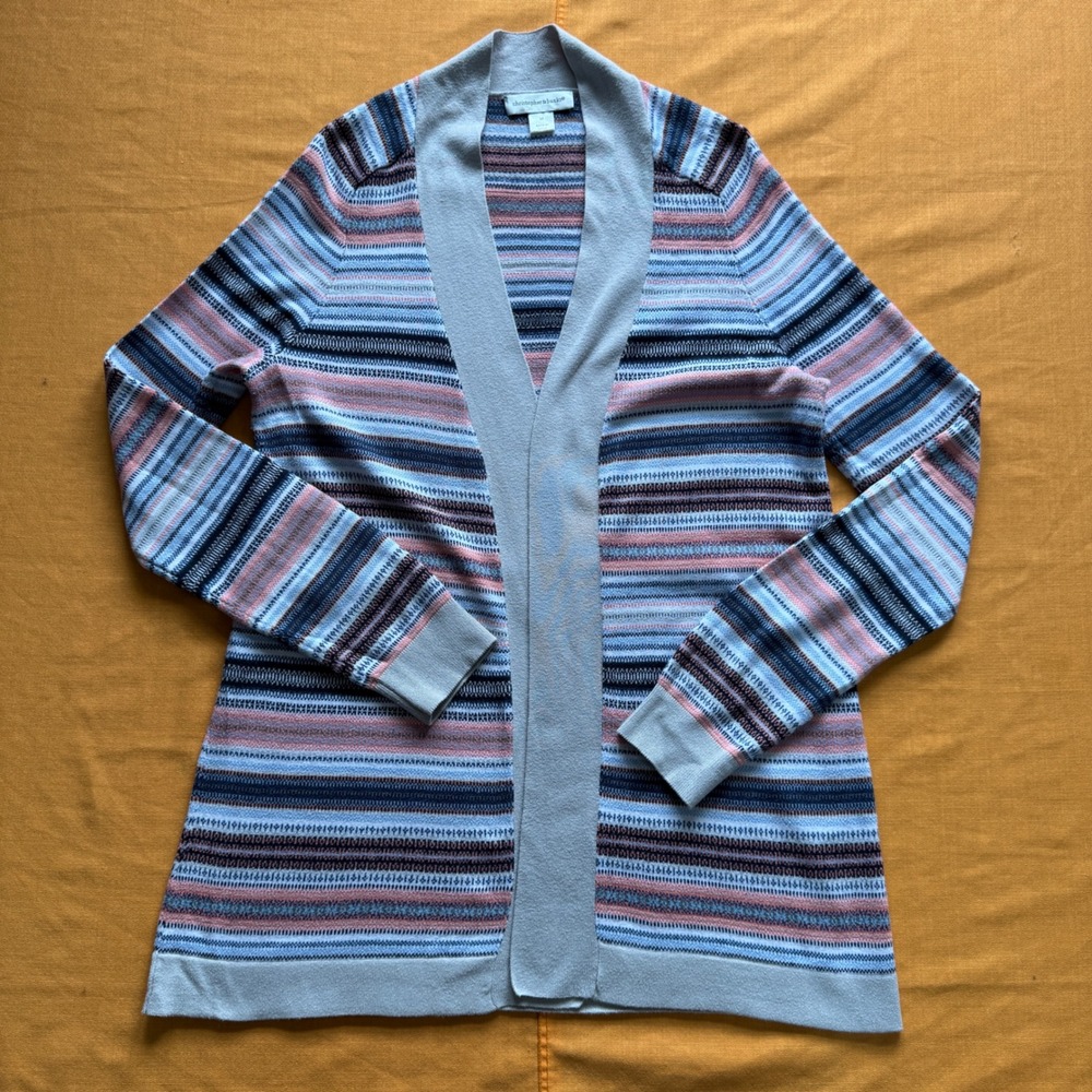 Christopher & Banks Striped Cardigan Sweater Blue Pink Fair Isle Open Front M
